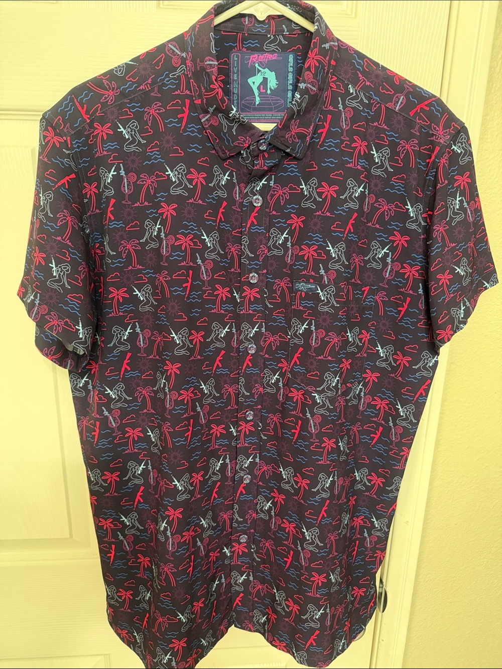 Men's Retro Rifle Short-Sleeve ButtonUp Shirt- Blue w/ Red & Teal Tropical Print